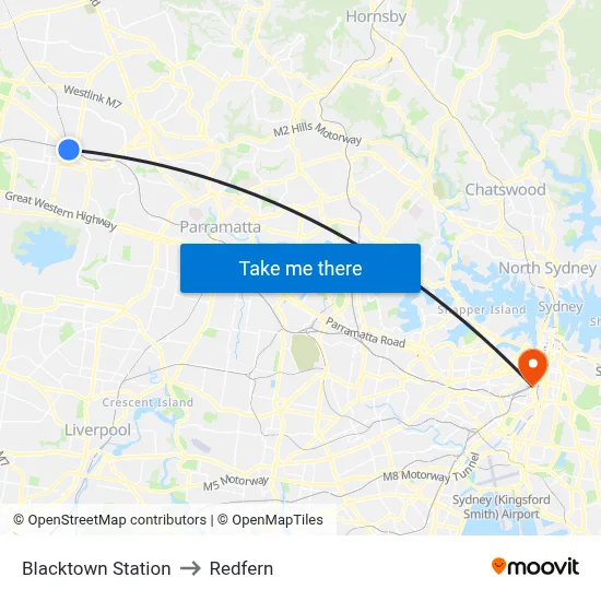 Blacktown Station to Redfern map