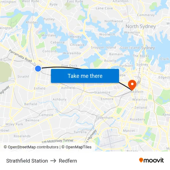 Strathfield Station to Redfern map