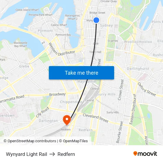 Wynyard Light Rail to Redfern map