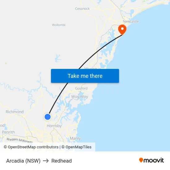 Arcadia (NSW) to Redhead map