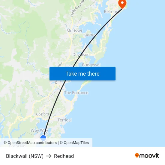 Blackwall (NSW) to Redhead map
