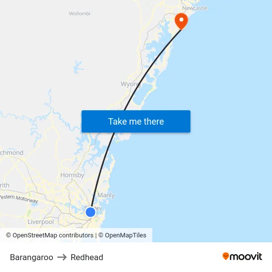 Barangaroo to Redhead map