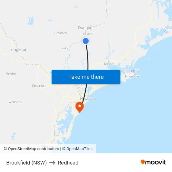 Brookfield (NSW) to Redhead map