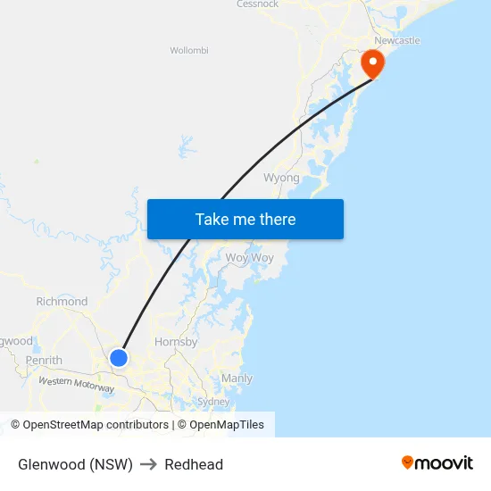 Glenwood (NSW) to Redhead map