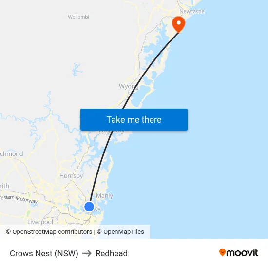 Crows Nest (NSW) to Redhead map