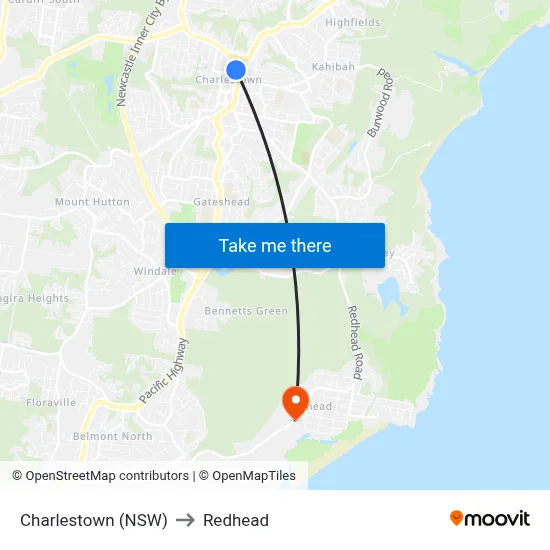 Charlestown (NSW) to Redhead map