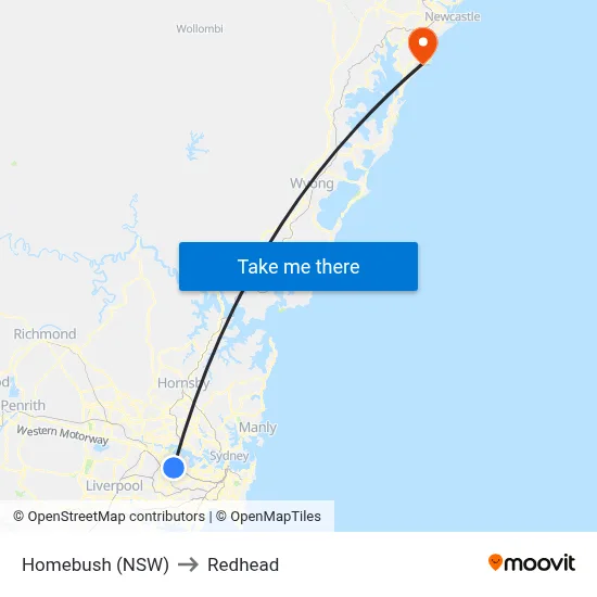 Homebush (NSW) to Redhead map