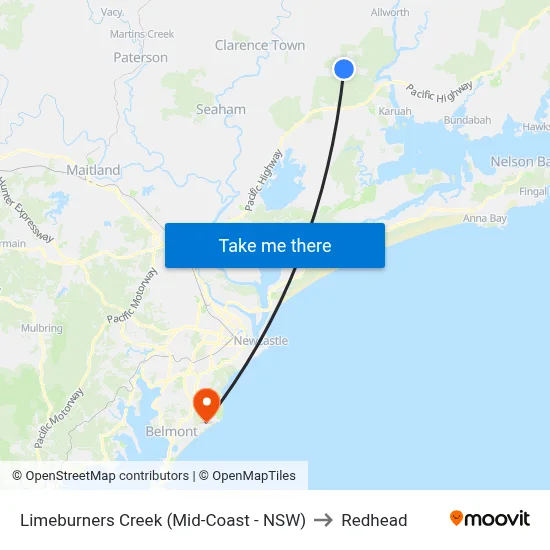 Limeburners Creek (Mid-Coast - NSW) to Redhead map