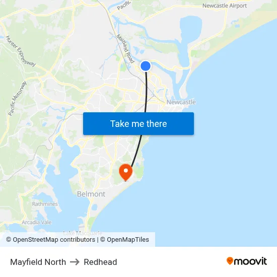 Mayfield North to Redhead map
