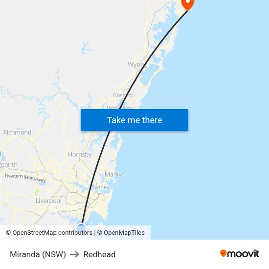 Miranda (NSW) to Redhead map