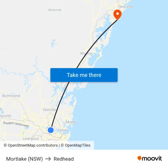 Mortlake (NSW) to Redhead map