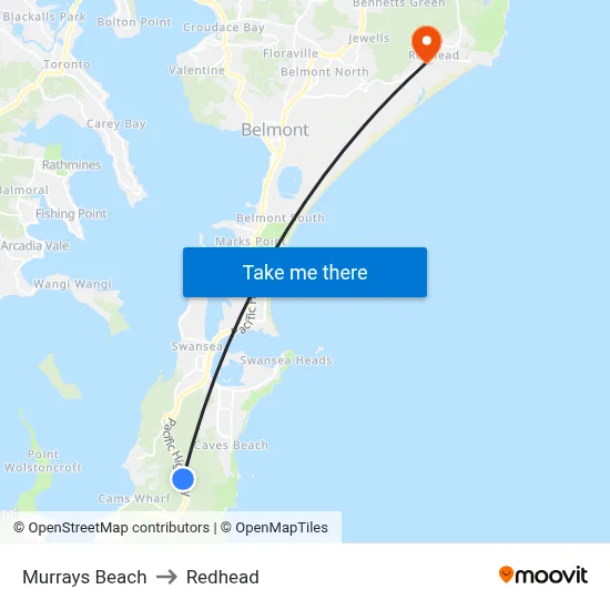 Murrays Beach to Redhead map