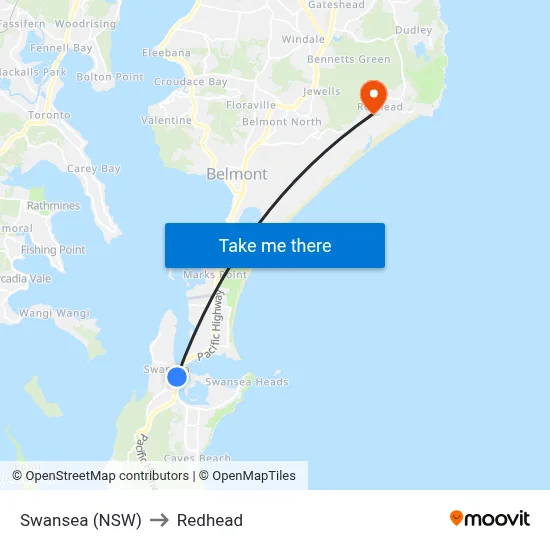 Swansea (NSW) to Redhead map