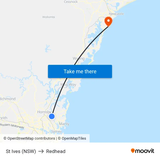 St Ives (NSW) to Redhead map