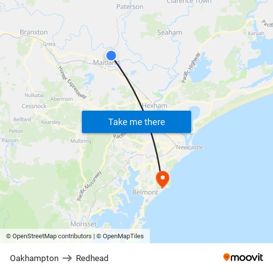 Oakhampton to Redhead map