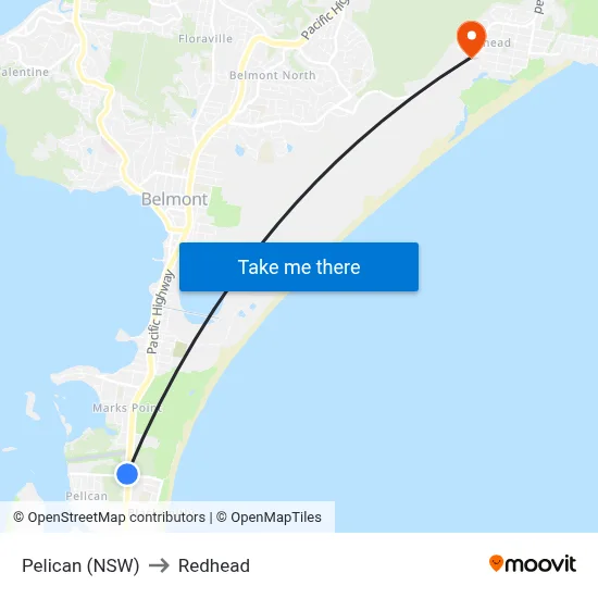 Pelican (NSW) to Redhead map