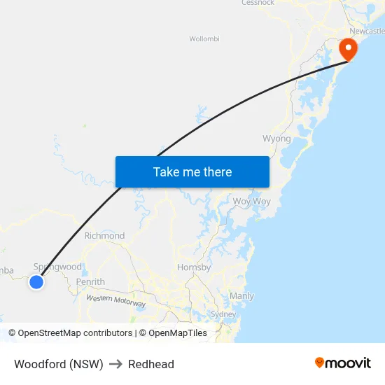 Woodford (NSW) to Redhead map