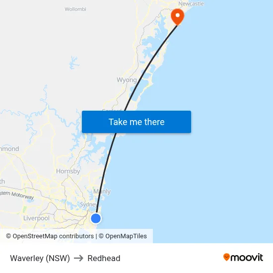 Waverley (NSW) to Redhead map