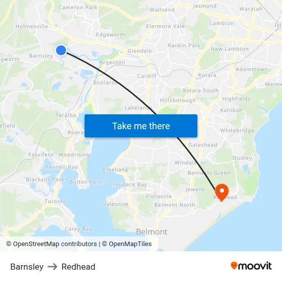 Barnsley to Redhead map