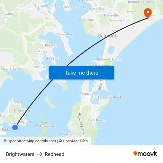 Brightwaters to Redhead map