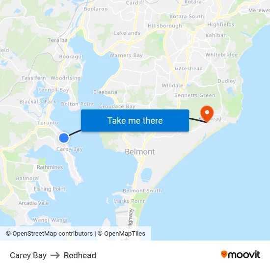 Carey Bay to Redhead map