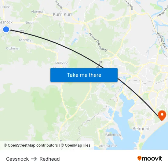 Cessnock to Redhead map