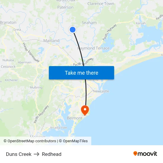 Duns Creek to Redhead map