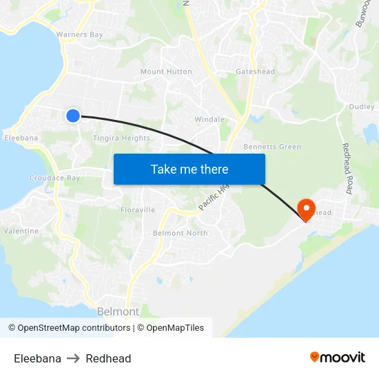 Eleebana to Redhead map