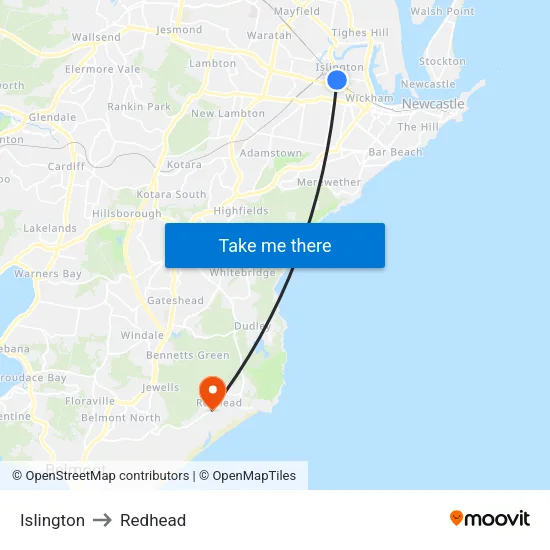 Islington to Redhead map