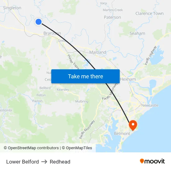 Lower Belford to Redhead map