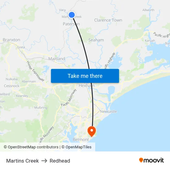 Martins Creek to Redhead map