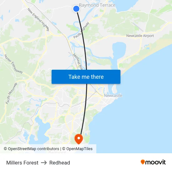 Millers Forest to Redhead map