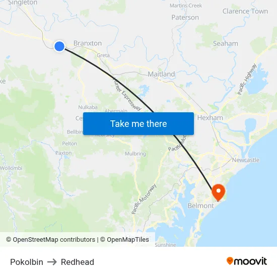Pokolbin to Redhead map