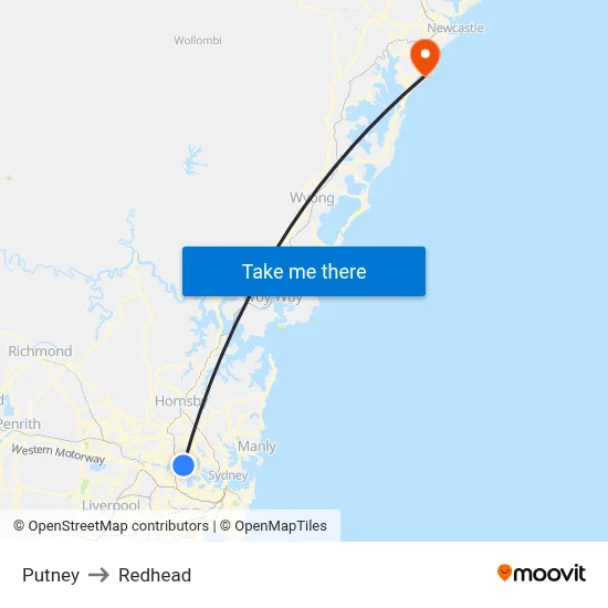 Putney to Redhead map
