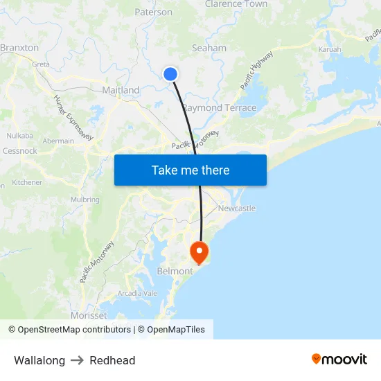 Wallalong to Redhead map