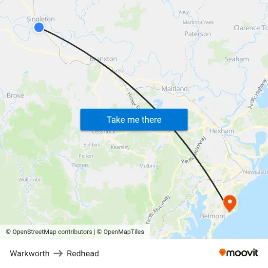 Warkworth to Redhead map