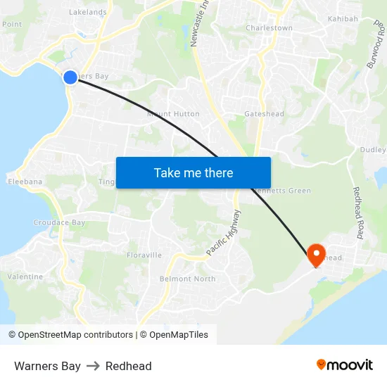 Warners Bay to Redhead map