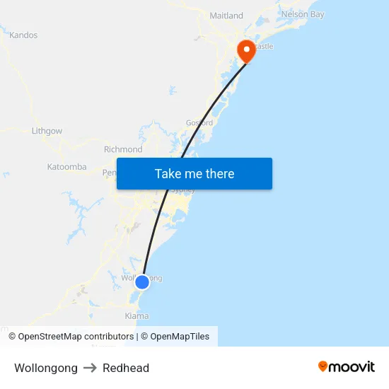 Wollongong to Redhead map