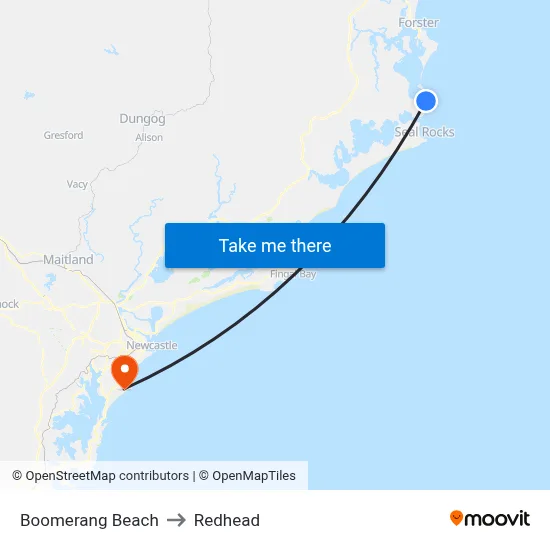 Boomerang Beach to Redhead map