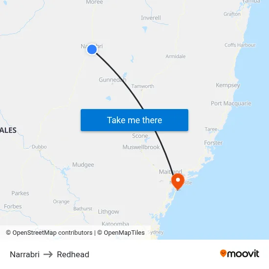 Narrabri to Redhead map