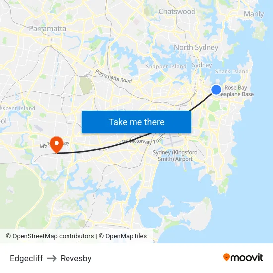 Edgecliff to Revesby map