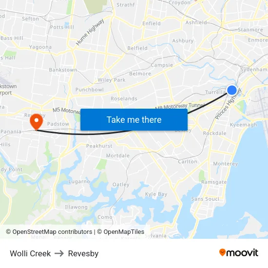 Wolli Creek to Revesby map