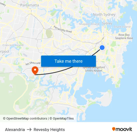 Alexandria to Revesby Heights map
