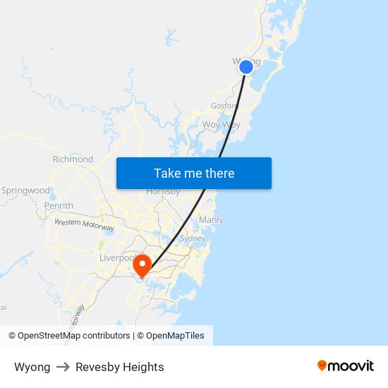 Wyong to Revesby Heights map