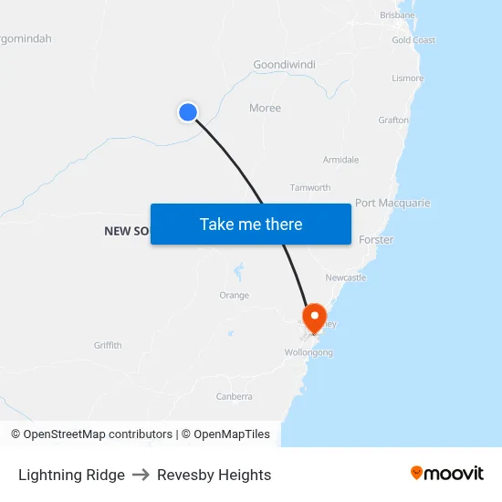 Lightning Ridge to Revesby Heights map