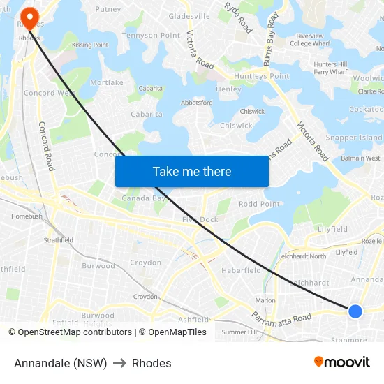 Annandale (NSW) to Rhodes map