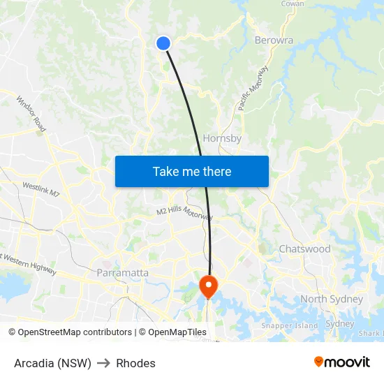 Arcadia (NSW) to Rhodes map