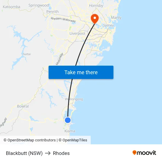 Blackbutt (NSW) to Rhodes map
