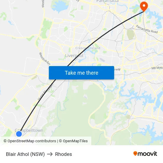 Blair Athol (NSW) to Rhodes map