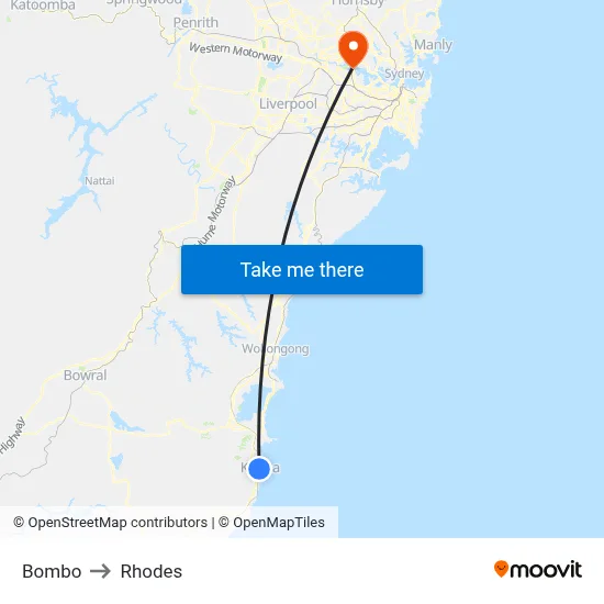 Bombo to Rhodes map